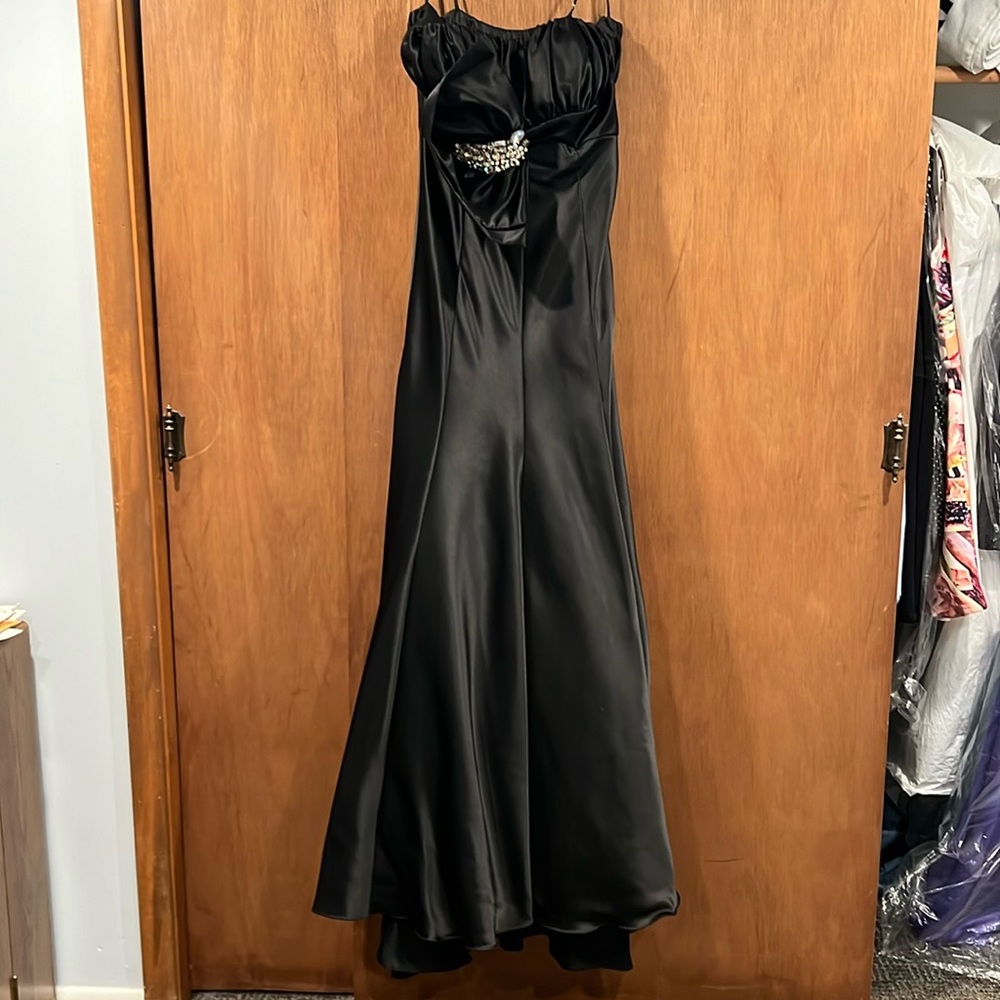 Strapless Formal Black Dress with Ruched Bsck Train and Rhinestone Front Detail